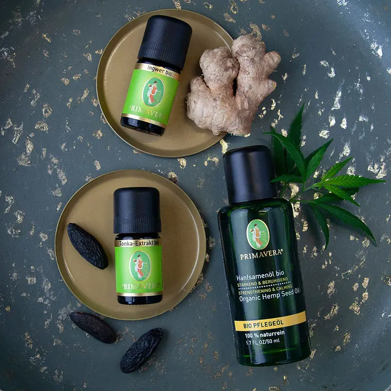 Ingredients and utensils for Body Oil "Tonka Ginger"
