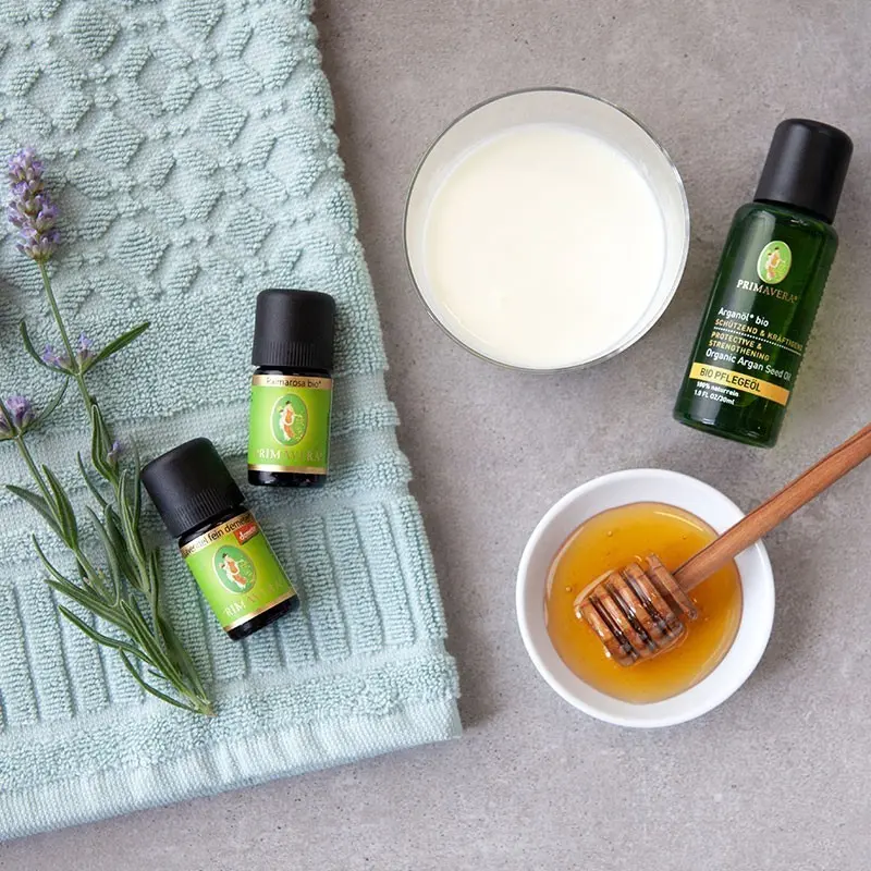 Ingredients and utensils for Relaxing hair treatment with argan oil