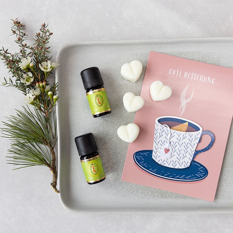 Primavera ätherische Öle mit Gute-Besserung-Karte, Herz-Badepralinen und Naturdeko