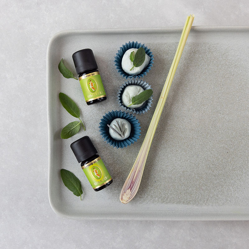 Primavera ätherische Öle mit frischen Kräutern, Zitronengras und selbstgemachten Badepralinen – natürliche Zutaten für das DIY Fußbad-Rezept.