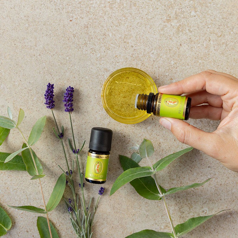 Schälchen Körpereinreibung auf einem Tisch mit Lavendel fein bio und Kräutern, wärend Eukalyptus globulus bio in das Schälchen getropft wird