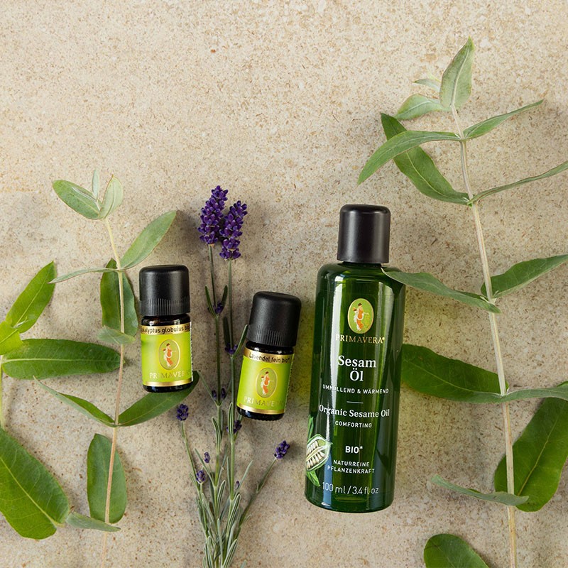 Sesamöl, Lavendel fein bio und Eukalyptus globulus bio verziert mit Kräutern