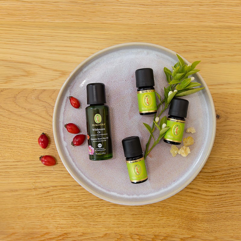 PRIMAVERA Wildrosen Öl mit ätherischen ölen Neroli 10%, Weihrauch afrikanisch und Rose bio 3% auf rundem Teller mit Hagebutten und grünen Blättern auf einem Holz Hintergrund.