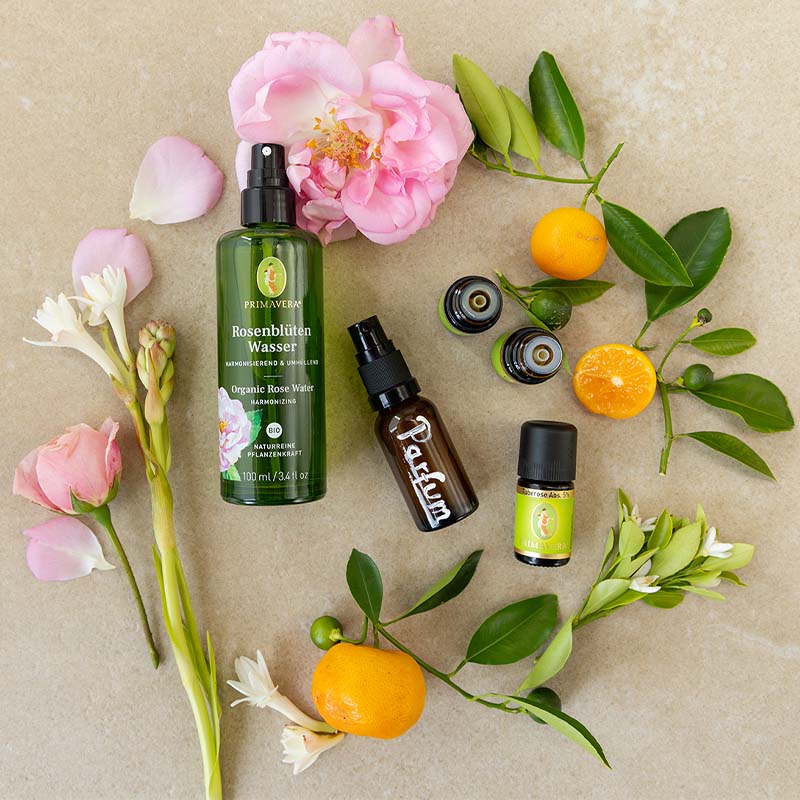 Rosenwasser, verschiedene ätherische Öle mit selbsgemachtem Parfum, als Hintergrund Blüten und Pflanzen