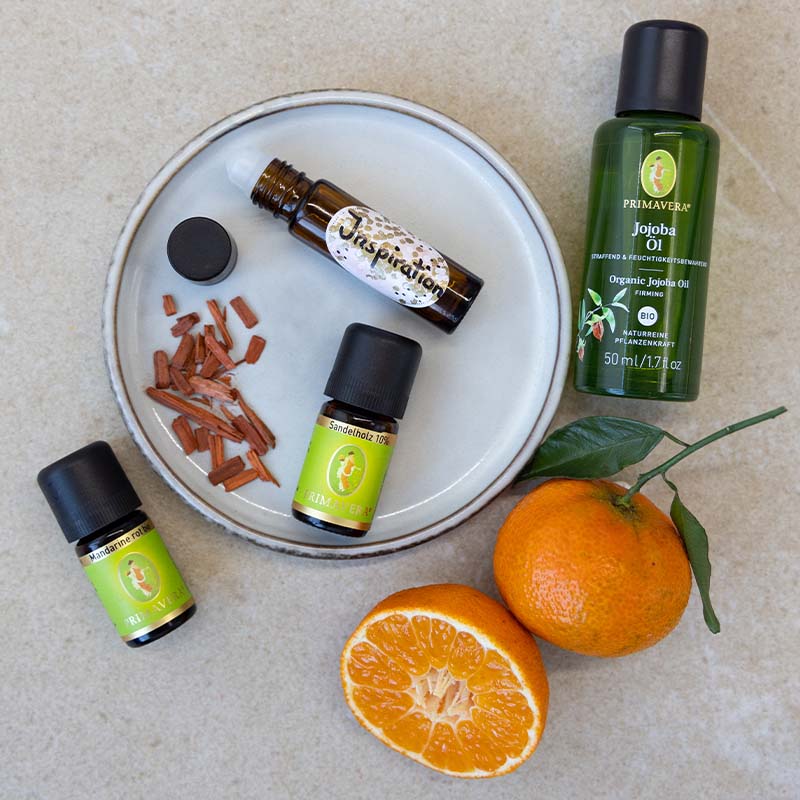 Ätherische Öl Fläschchen, Mandarine rot bio, Jojobaöl bio, fertig gemischter Roll-On mit Aufschrift