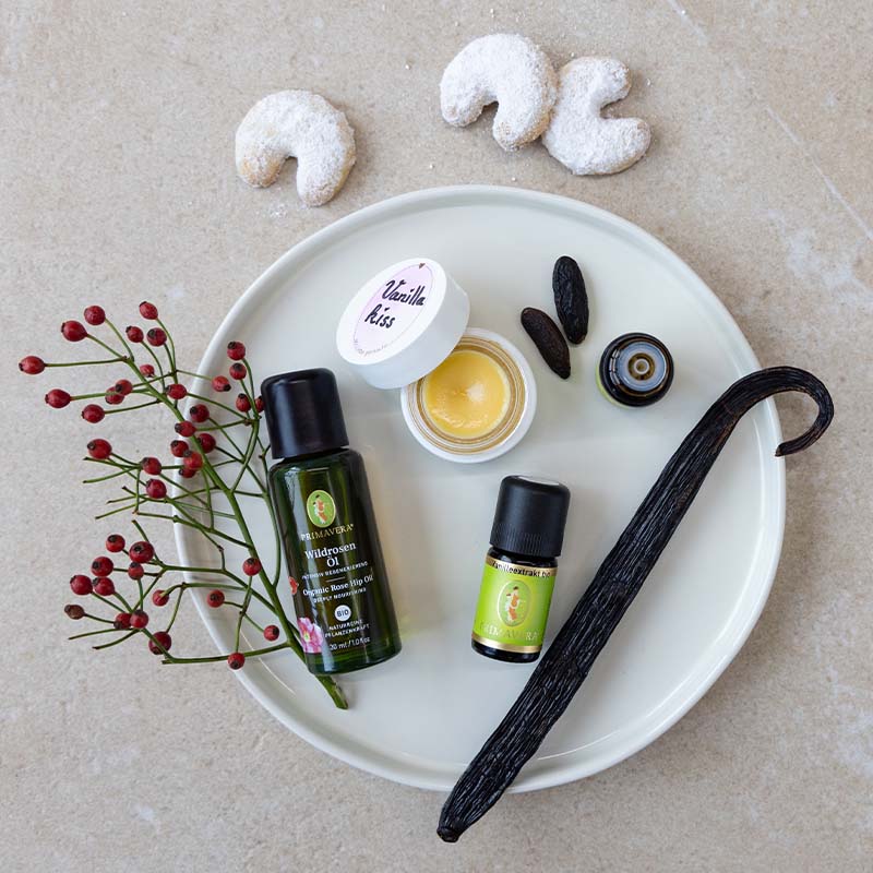 Wildrosenöl, Vanilleextrakt bio, Vanilleschoten, Beeren und fertiger Lippenbalsam auf weißem Teller.