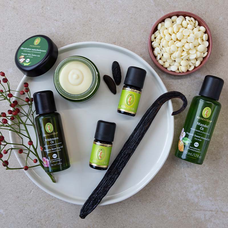 Zutaten für DIY-Rezept auf weißem Teller: Wildrosenöl bio, Vanilleextrakt bio, Tonka Extrakt bio, Kakaobutter, Sheabutter, Vanilleschote, Beeren und Mandelöl
