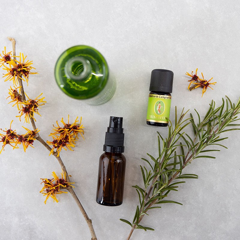PRIMAVERA Hamamelis Wasser, Braune Sprühflasche und ätherisches Öl Rosmarin Campher bio auf hellem Untergrund, dekoriert mit Zweigen von Hamamelis und Rosmarin.