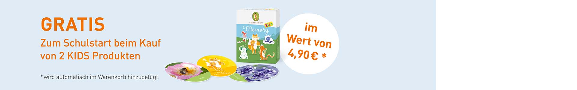 Aktion: beim Kauf von 2 KIDS Produkten, erhältst du bei Eingabe des Codes SCHULE25 das Kids Memory gratis